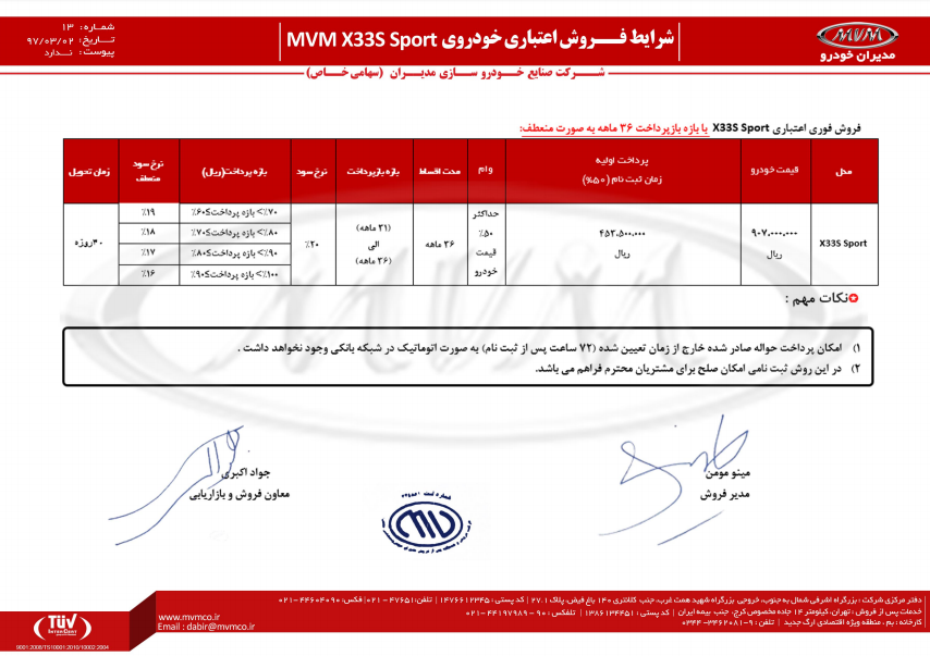 شرایط فروش MVM X33S 